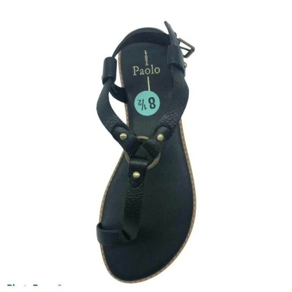 Linea Paolo Black Pebbled Leather Toe‎ Loop Flat Sandals Womens 8.5
